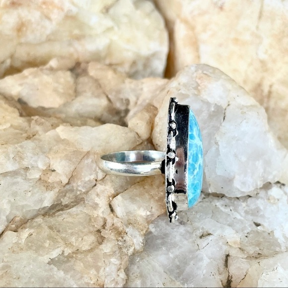 Large sky blue teardrop stone boho fashion ring size 7.5 - Picture 3 of 6